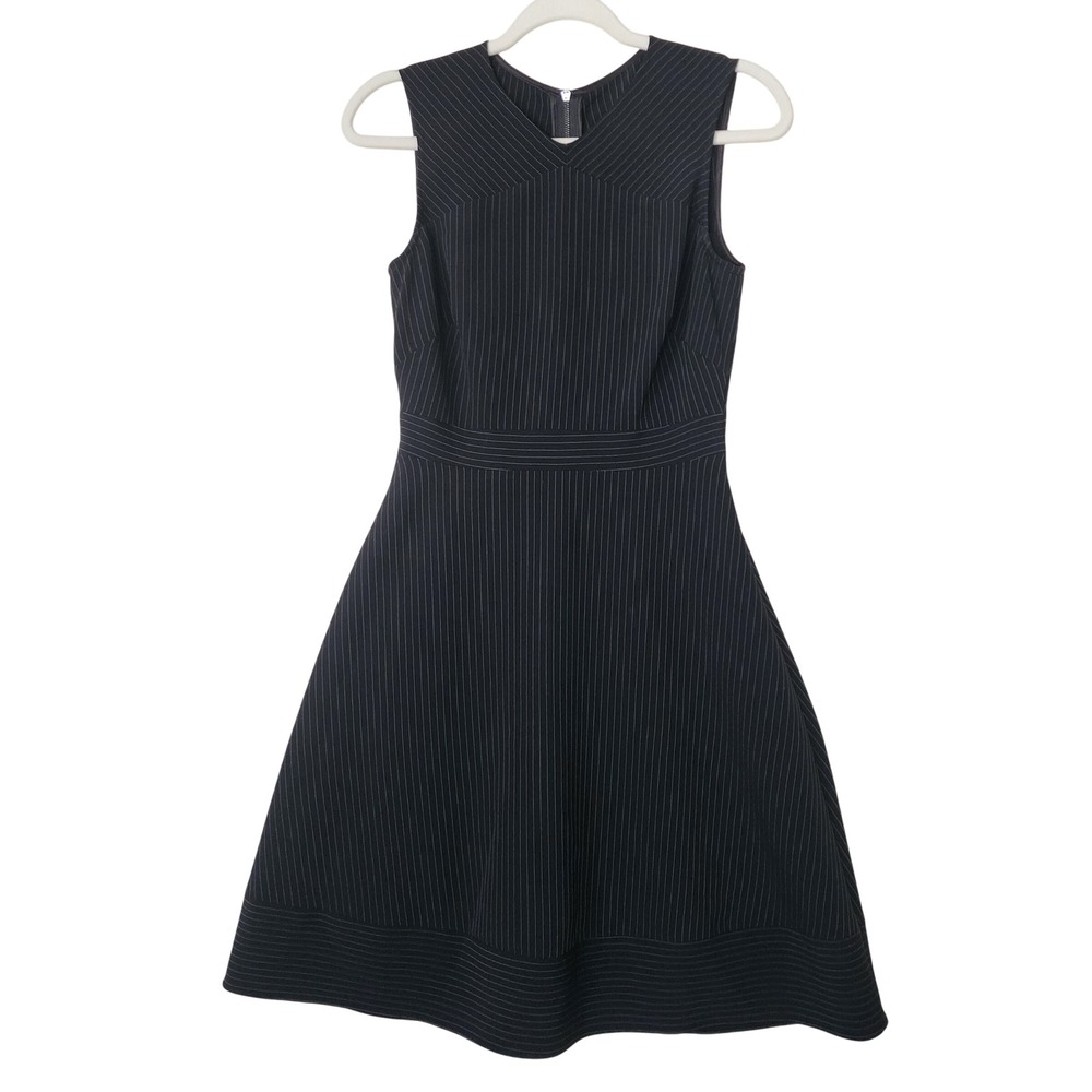 Navy Blue Pinstripe Sleeveless Fit and Flare Dress Back Zip Professional